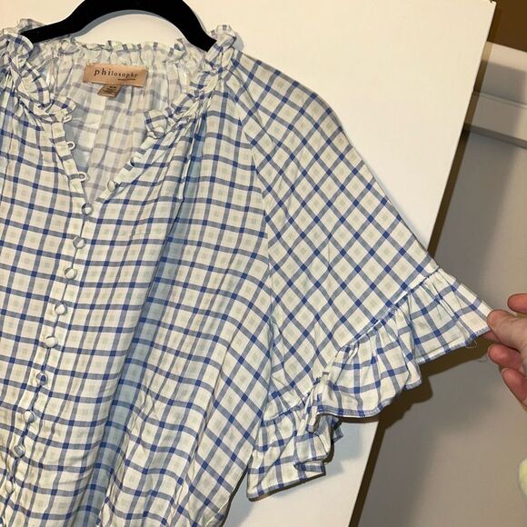 Philosophy Button Down Ruffle Sleeve White Blue Green Plaid Blouse Medium EUC - Picture 4 of 12